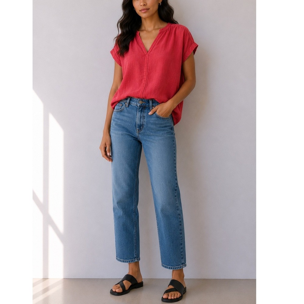 Tahari Essentials Coral Red 100% Linen Split V-Neck Blouse Womens |Size S